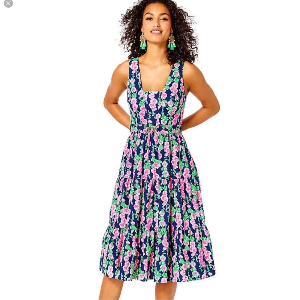 Lilly Pulitzer Mckinnon Midi Dress SZ 8 Oyster Bay Navy De Vine